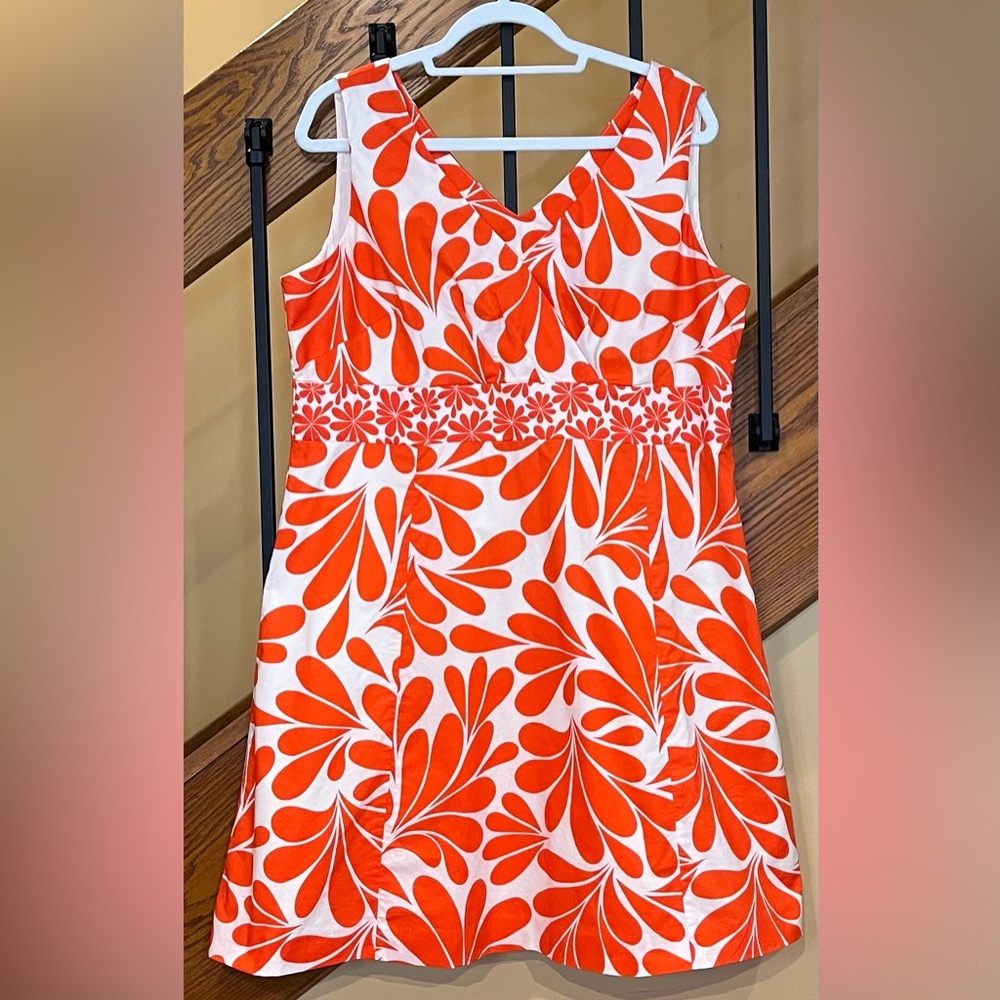 Boden Alfani Fit And Flare Dress 100% Cotton Orange-white Floral  SZ. 14 Reg
